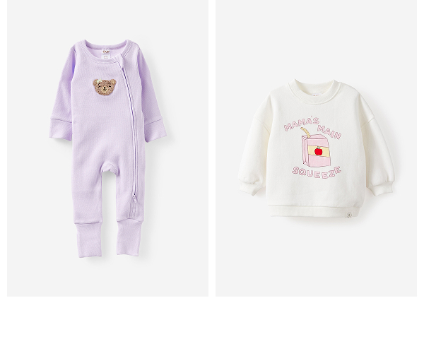 Baby purple zip-through onesie with teddy bear design and cream sweatshirt with "Mama's Little Sunshine" text