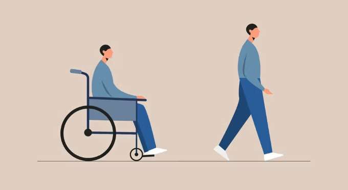 Two illustrations - one of a man standing and another of the same man in a wheelchair.