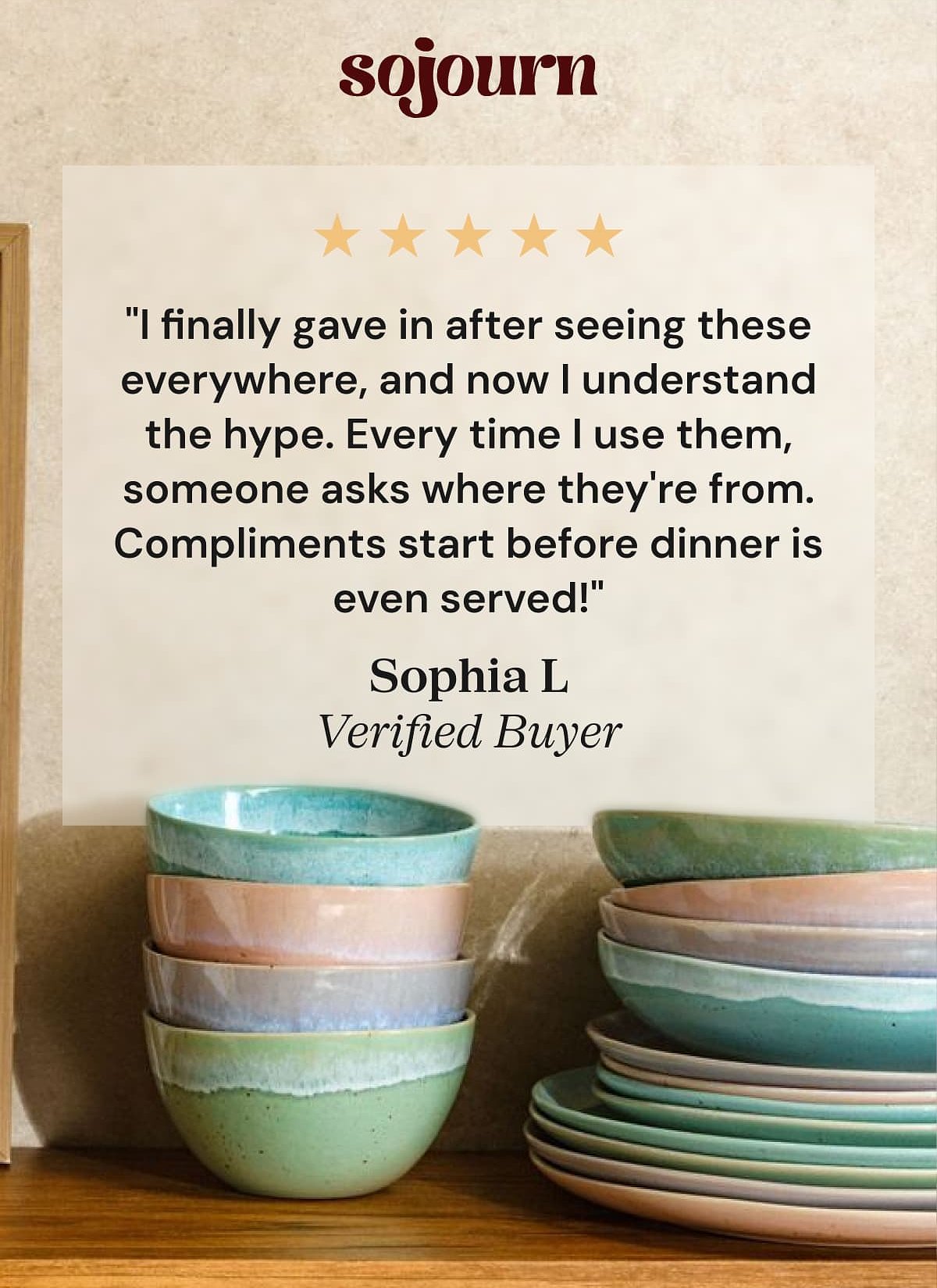 Customer review praising the product with five stars and a quote from Sophia L.