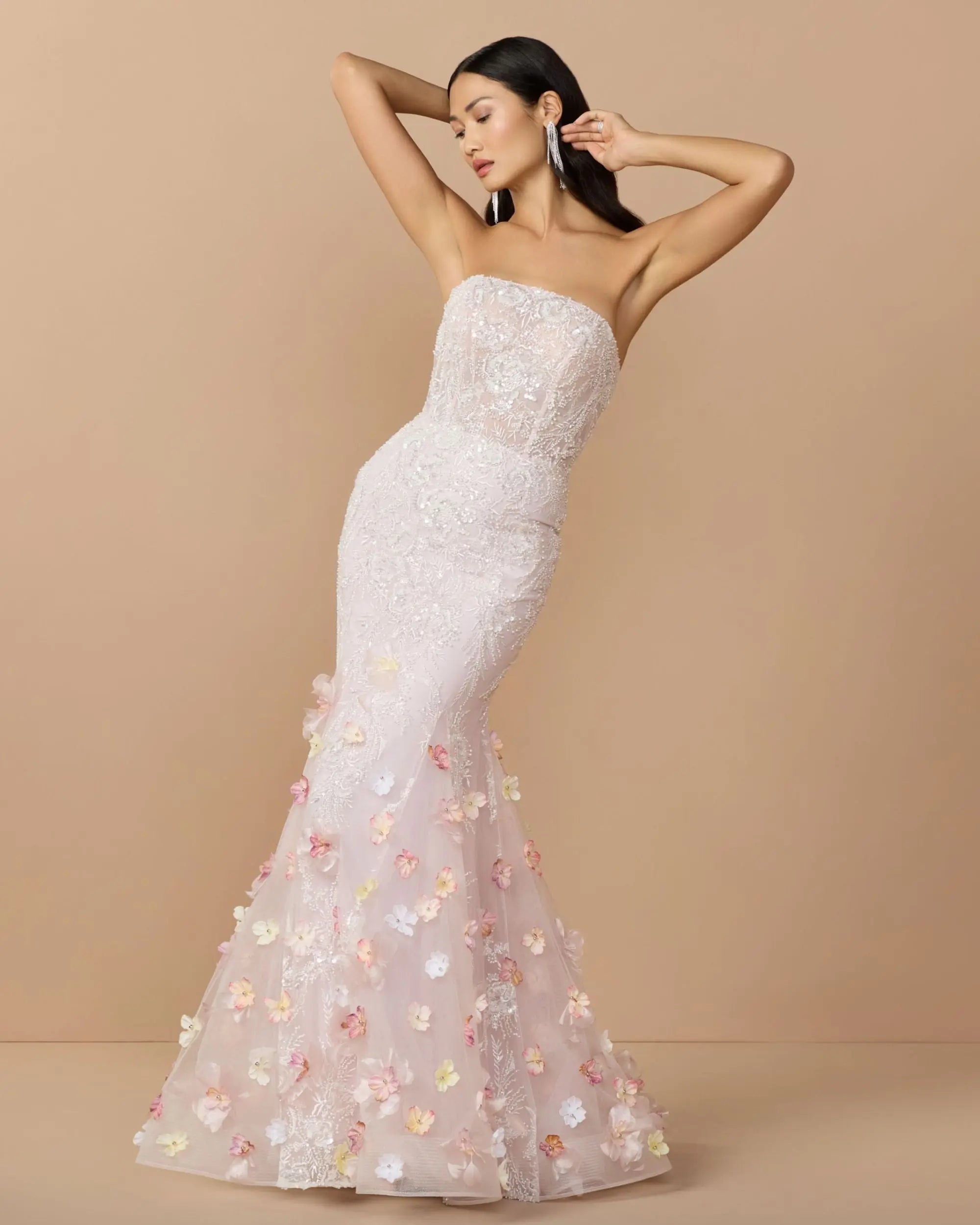 Image of Pink Strapless Embellished Mermaid Gown With 3D Floral Hem