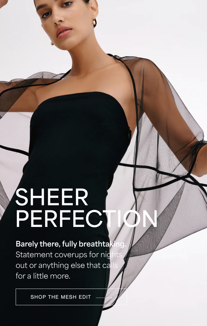 Astrid wears The Stella Bolero, captioned “Sheer Perfection - Barely there, fully breathtaking.  Statement coverups for nights out or anything else that calls for a little more. SHOP THE MESH EDIT →"