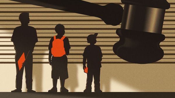 Illustration of three people looking up to a big gavel over their heads.