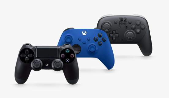 A blue Xbox wireless controller, a white Sony PlayStation 5 wireless controller and a red and black Nintendo wireless controller.