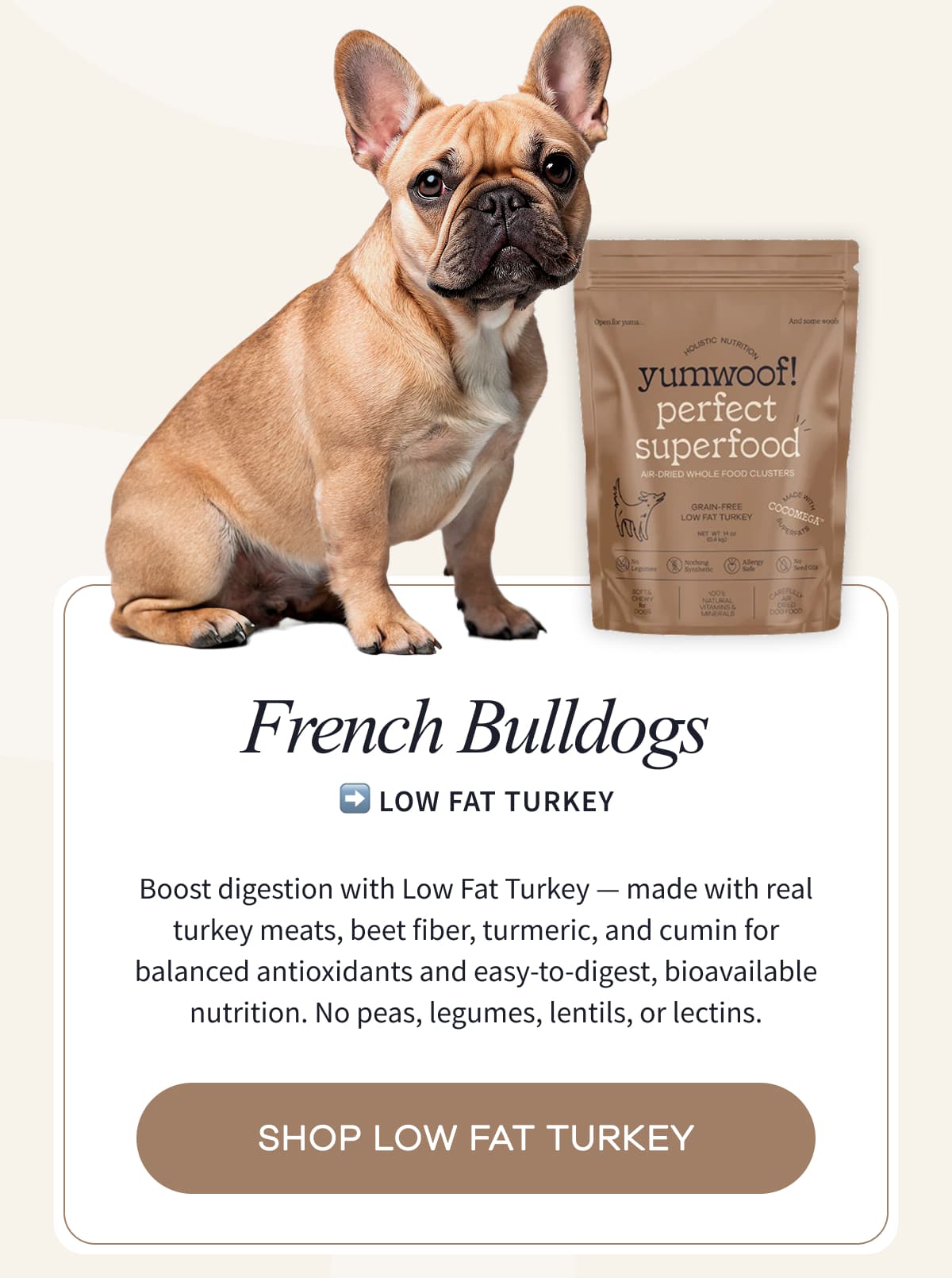 FRENCH BULLDOGS ➡️ Low Fat Turkey | Boost digestion with Low Fat Turkey — made with real turkey meats, beet fiber, turmeric, and cumin for balanced antioxidants and easy-to-digest, bioavailable nutrition. No peas, legumes, lentils, or lectins. | SHOP LOW FAT TURKEY
