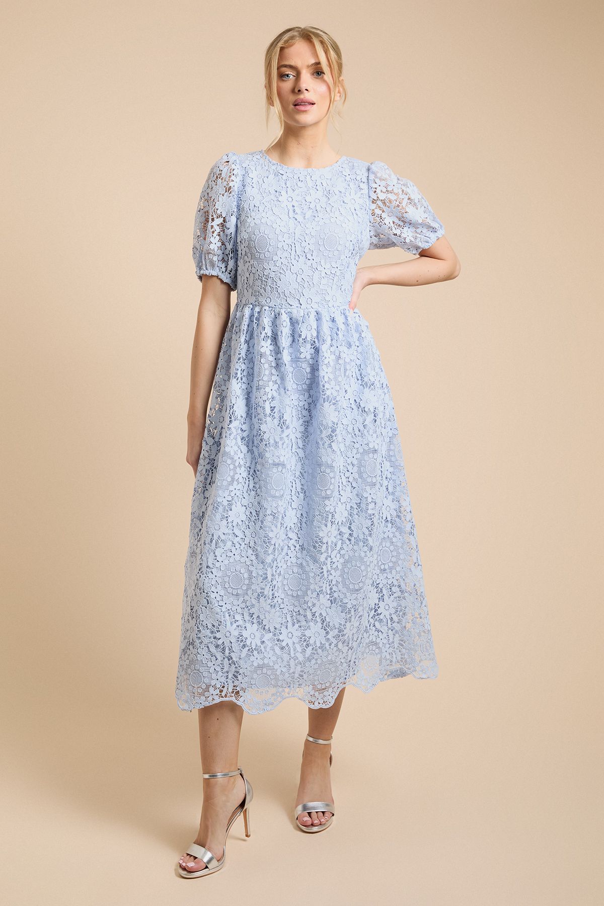 Premium Floral Lace Puff Sleeve Midi Dress