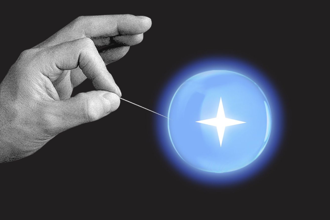 A hand holding a needle about to pop a glowing AI bubble.