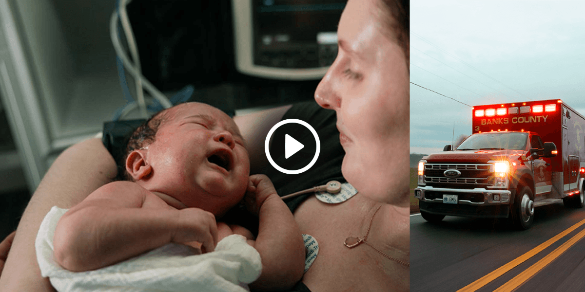 Two‑image collage with a play button in the foreground. Left image is of a woman holding a baby. Right image is of a Ford emergency vehicle.