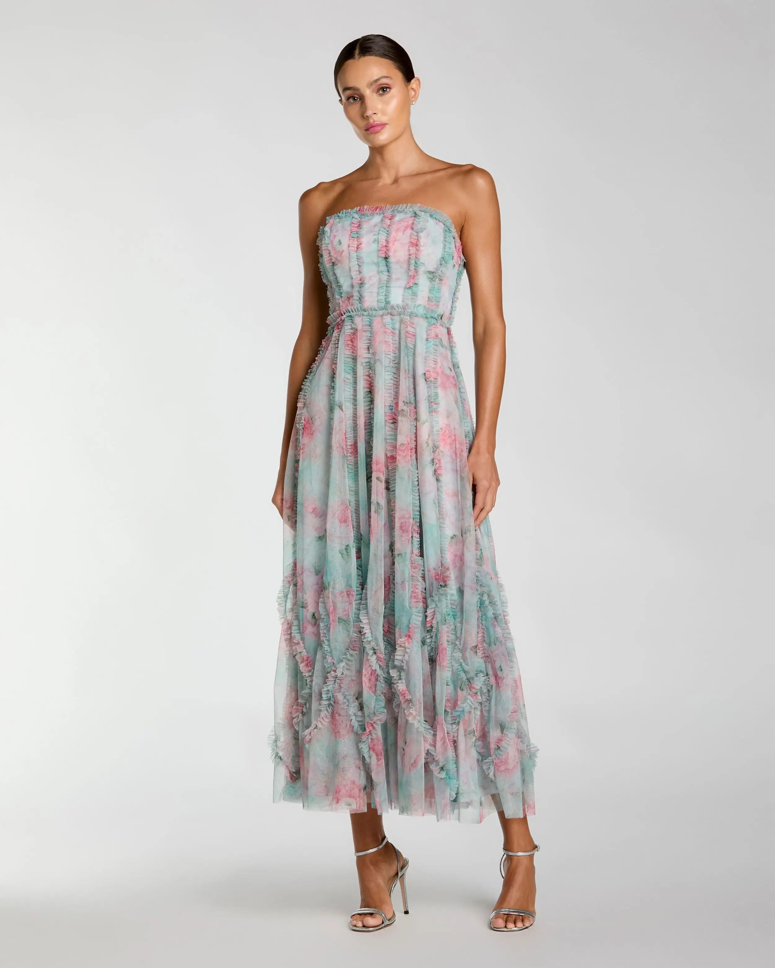 Image of Blue Strapless Floral Ruffle Dress