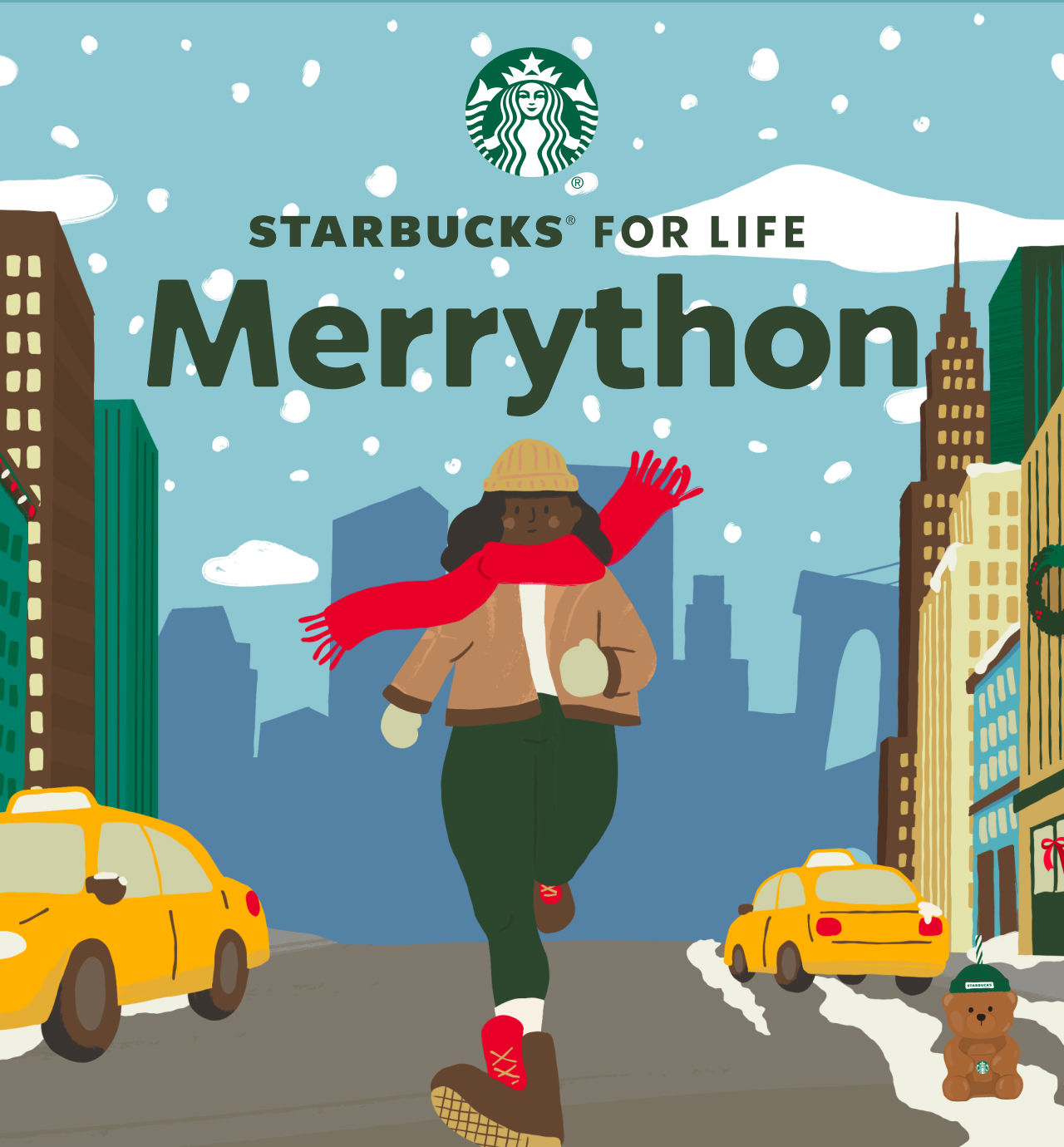 STARBUCKS® REWARDS | Starbucks for Life Merrython | Illustration of a woman in winter clothing running through the snowy streets of New York City.