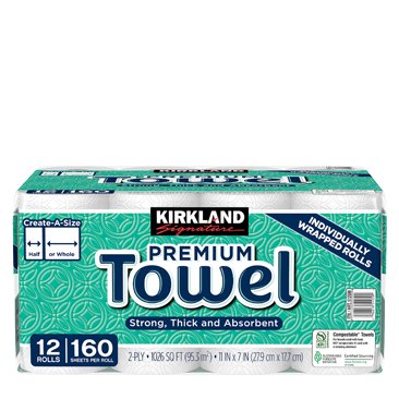 Kirkland Signature Paper Towels, 2-Ply, 160 Sheets, 12 Individually Wrapped Rolls