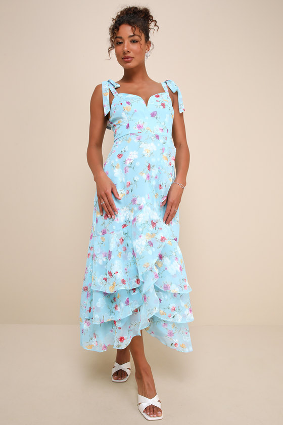 Image of So Elevated Blue Floral Jacquard Tie-Strap High-Low Midi Dress
