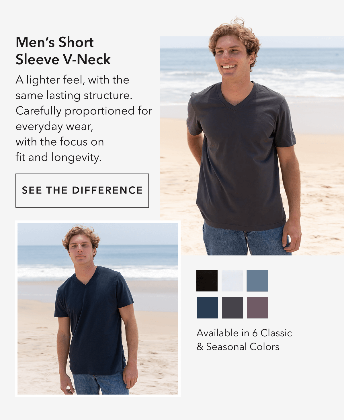 Men’s Short Sleeve V-Neck  Carefully proportioned for everyday wear, with the focus on fit and longevity.
