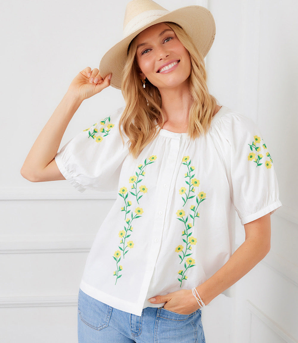 Image of Puff Sleeve Embroidered Peasant Top
