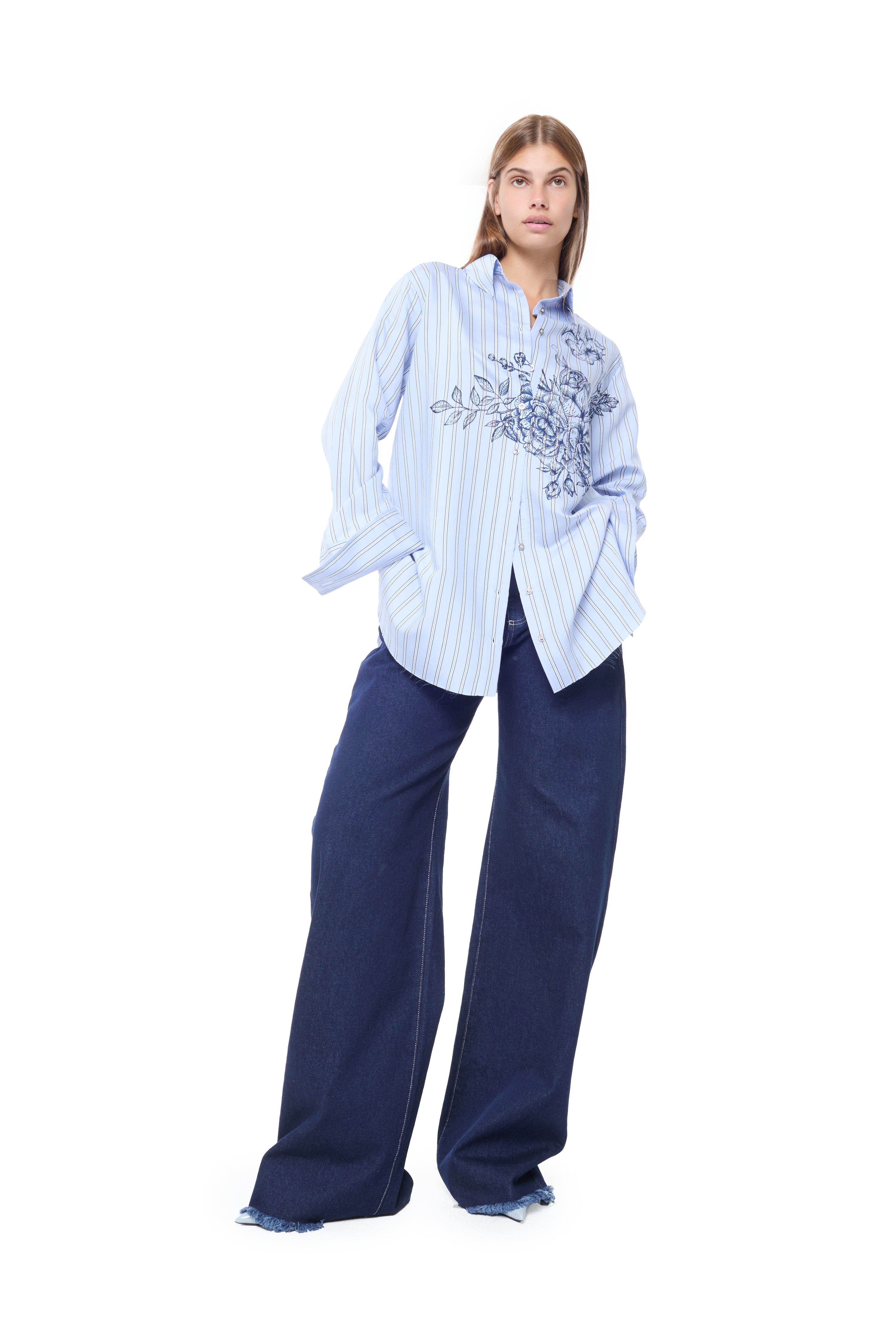 BLUE STRIPED FLOWER PRINT LOOSE FIT SHIRT