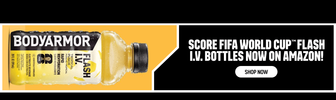 BODYARMOR Flash I.V. sports drink promotion featuring FIFA World Cup limited-edition bottles available on Amazon.