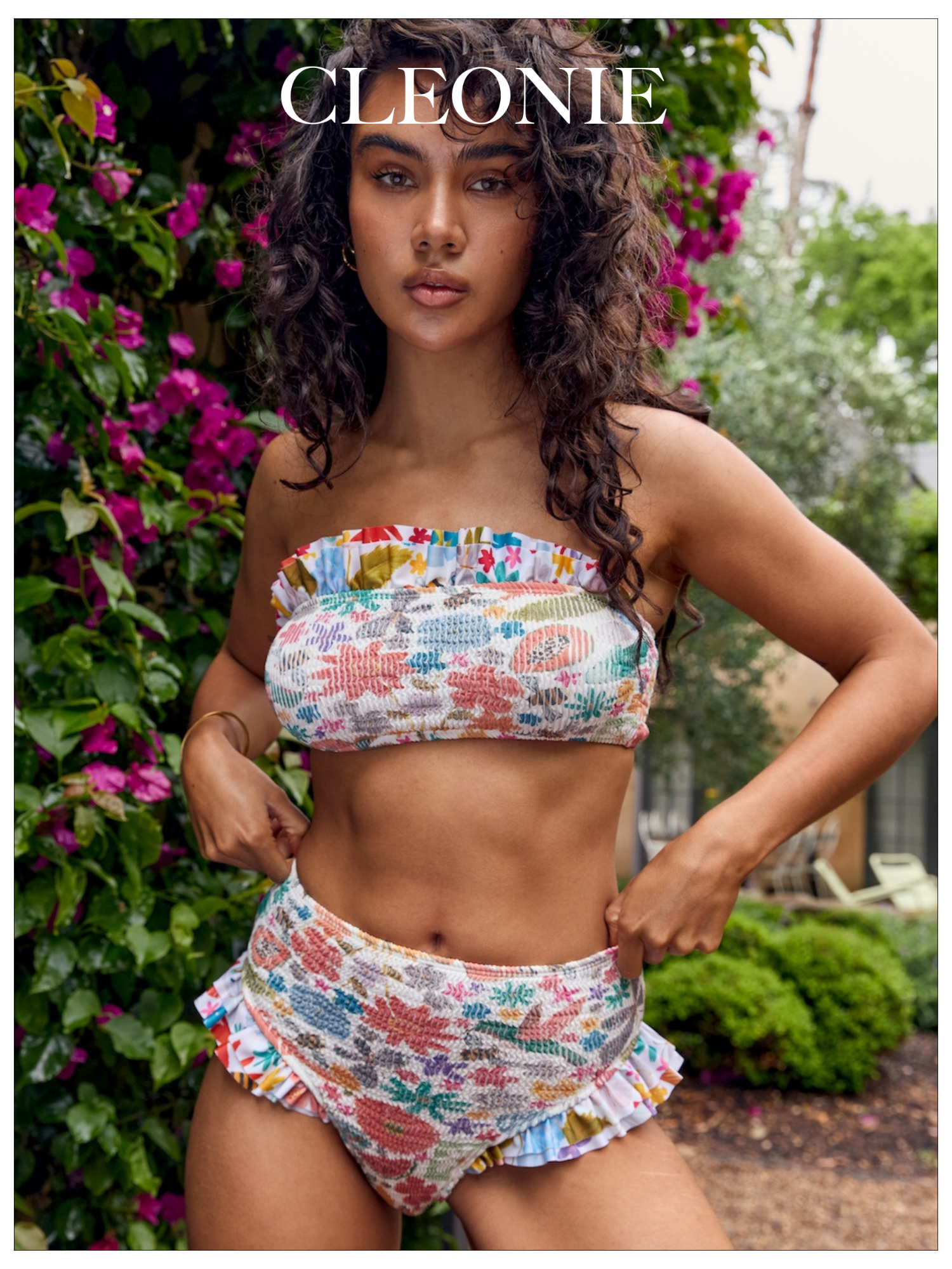model wearing cornflower blue lurex bikini