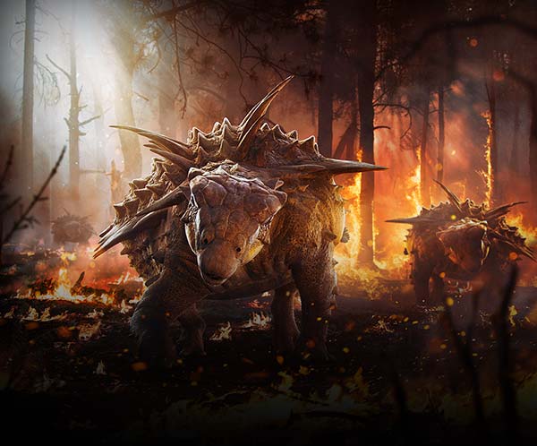 George the Gastonia, a heavily armored dinosaur with prominent spikes and bony plates, striding through a burning forest with its pack