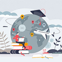 Artwork of a plane traveling around a globe.