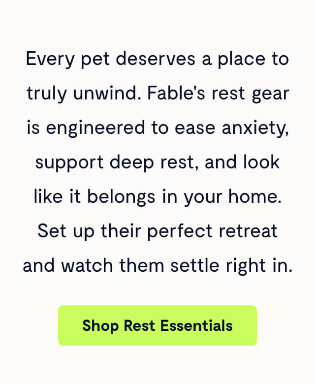 Every pet deserves a place to truly unwind. Fable's rest gear is engineered to ease anxiety, support deep rest, and look like it belongs in your home. Set up their perfect retreat and watch them settle right in.