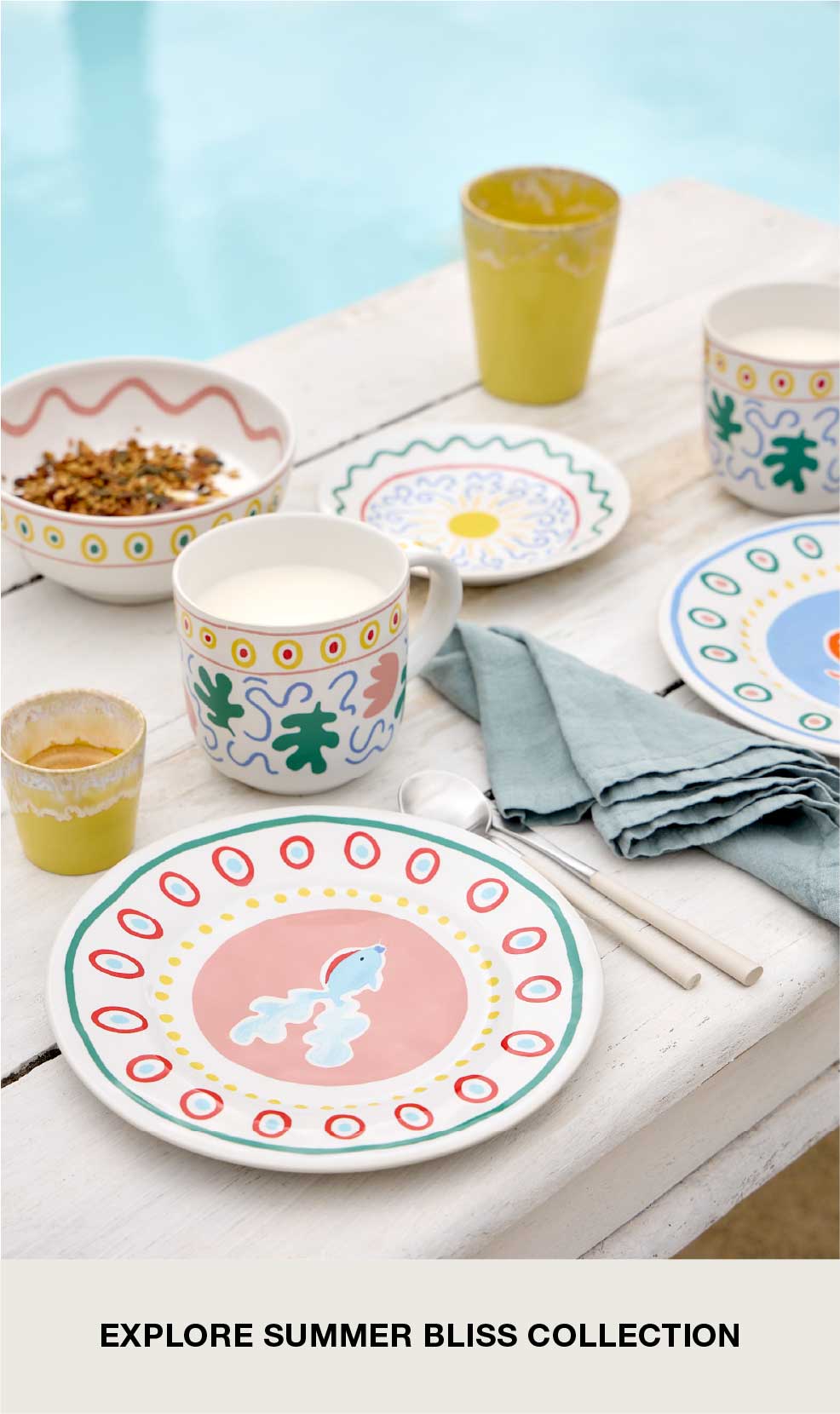Two product highlights for children: Grespresso cups in yellow and pink with a glazed finish by a swimming pool, and a table set with Summer Bliss collection tableware in pastel tones with colourful illustrations