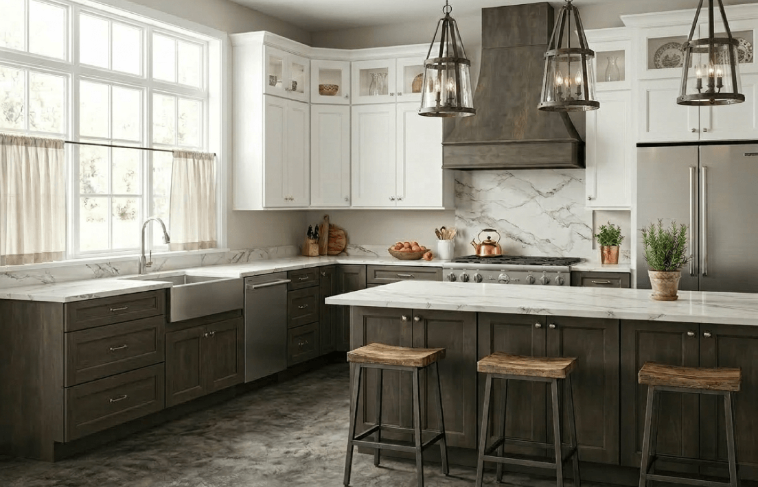 Modern kitchen with marble countertops and island.