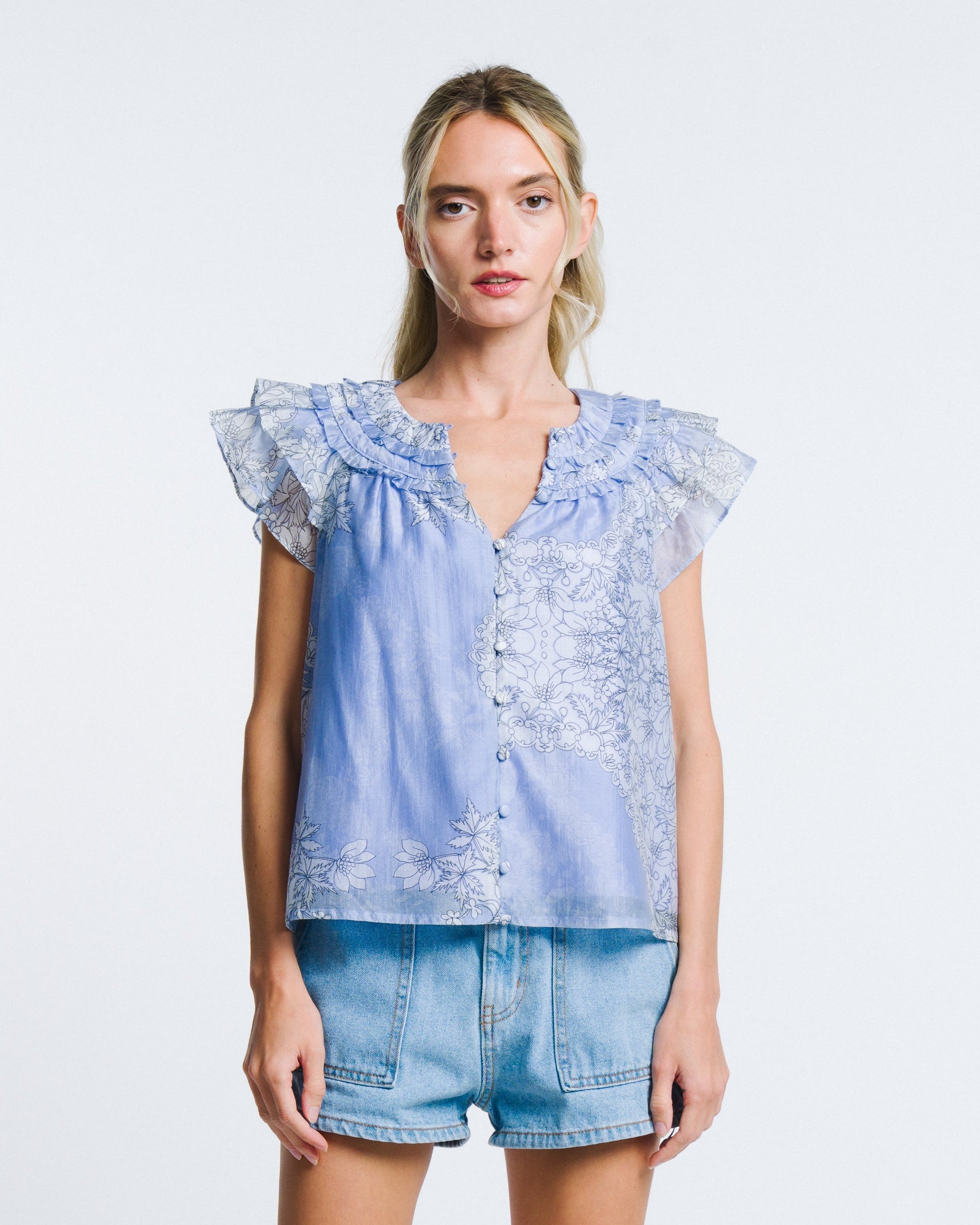 Image of Rothy Floral Print Ruffle Sleeve Button-Up Top