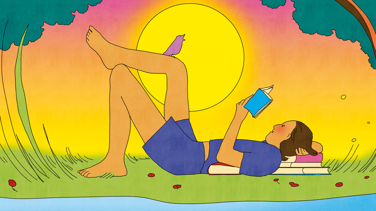 An illustration of a person lying down in nature resting their head on a pile of books whilst reading. A bird is perched on their knee and sings with a big yellow sun in the background.