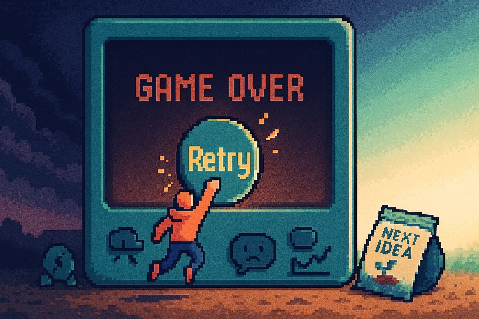 16-bit pixel art of a retro game console showing 'Game Over' as a tiny coral-clad entrepreneur hits a glowing 'Retry' button, with visual nods to failure and fresh starts."
