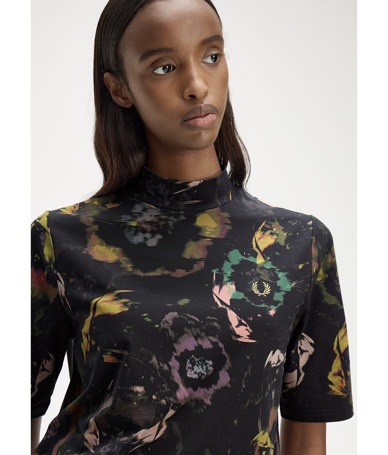 Female model wearing a Fred Perry Floral Print T-Shirt in Black