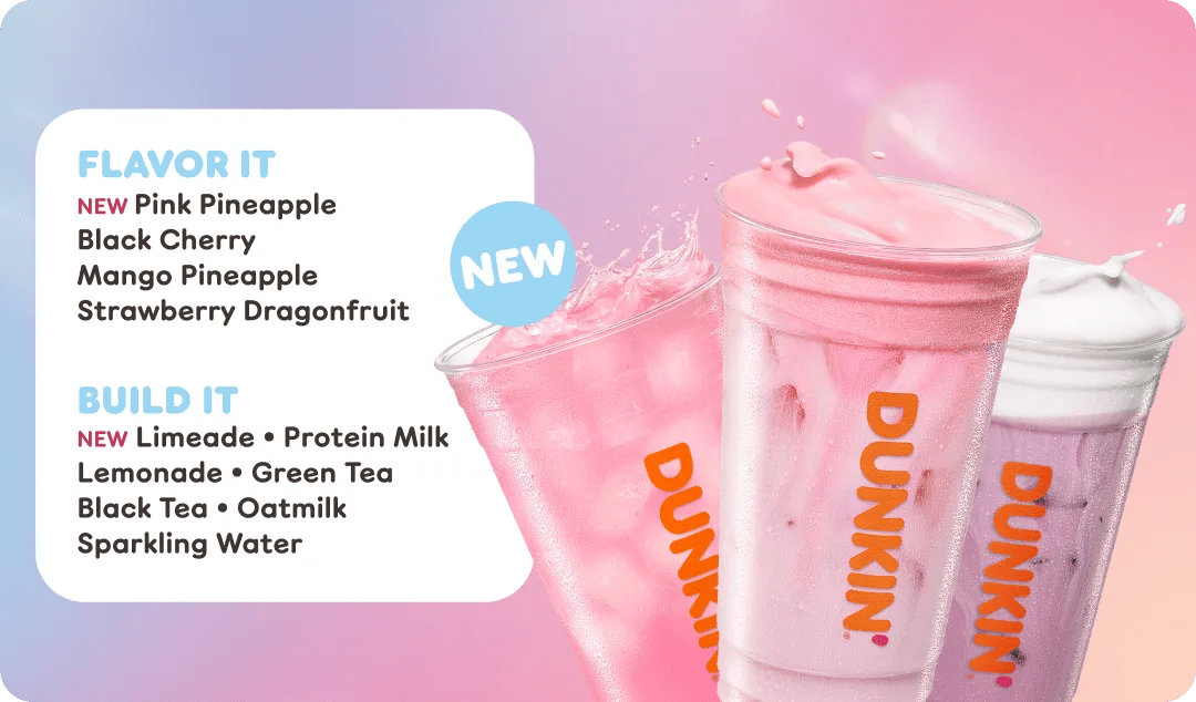 Image of 3 new drinks. Flavor It: NEW Pink Pineapple, Black Cherry, Mango Pineapple, Strawberry Dragonfuit. Build it: NEW Limeade, Protein Milk Lemonade, Green Tea, Black tea, Oatmilk, Water.
