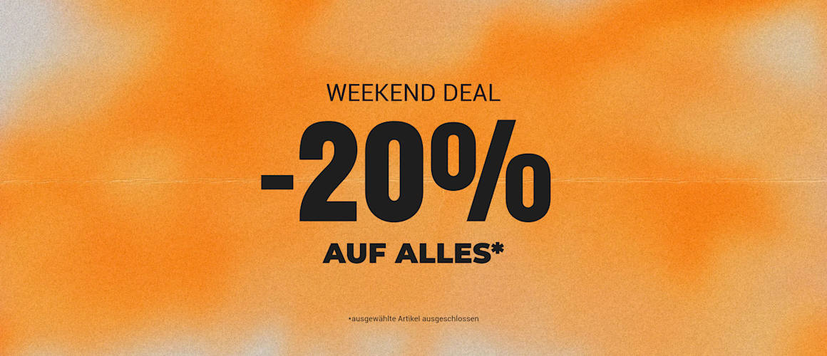 Weekend Deal promotional banner with orange textured background and centered black text: “-20% off everything*”; small disclaimer notes that selected items are excluded.