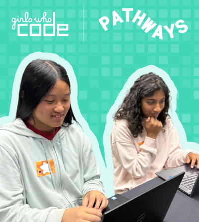Two GWC Pathways students working on laptops