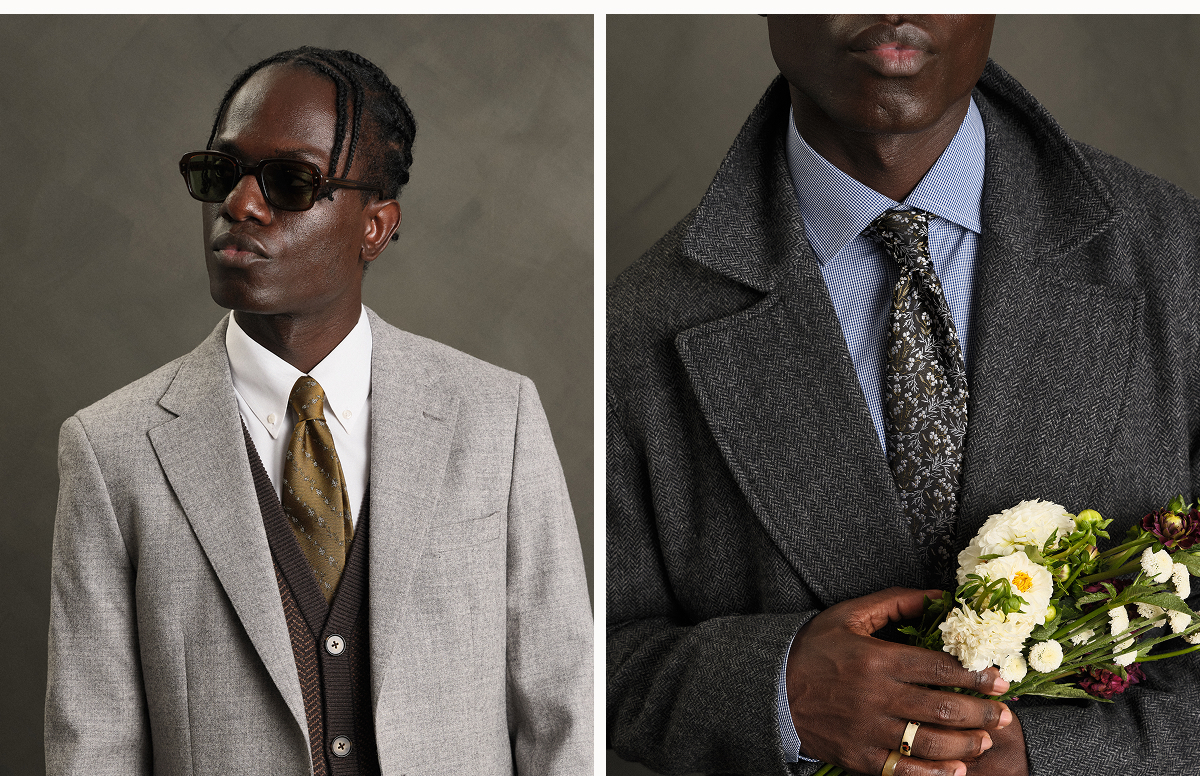 Classic neckwear meets modern florals in standout hues like vintage mauve, twilight blue, and sage green—plus a bold botanical scarf to tie it all together.