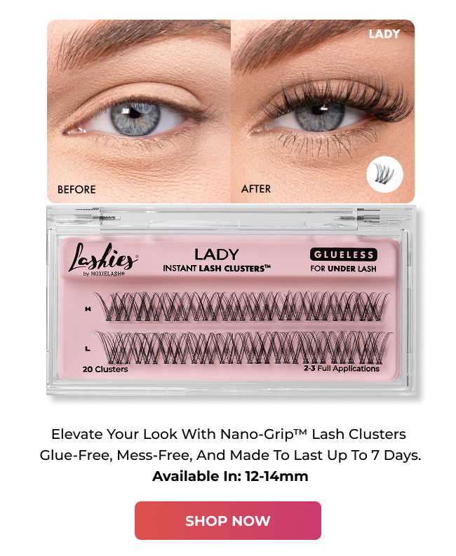 Before and after eye wearing Lady Instant Lash Clusters with product case showing glueless under-lash clusters.