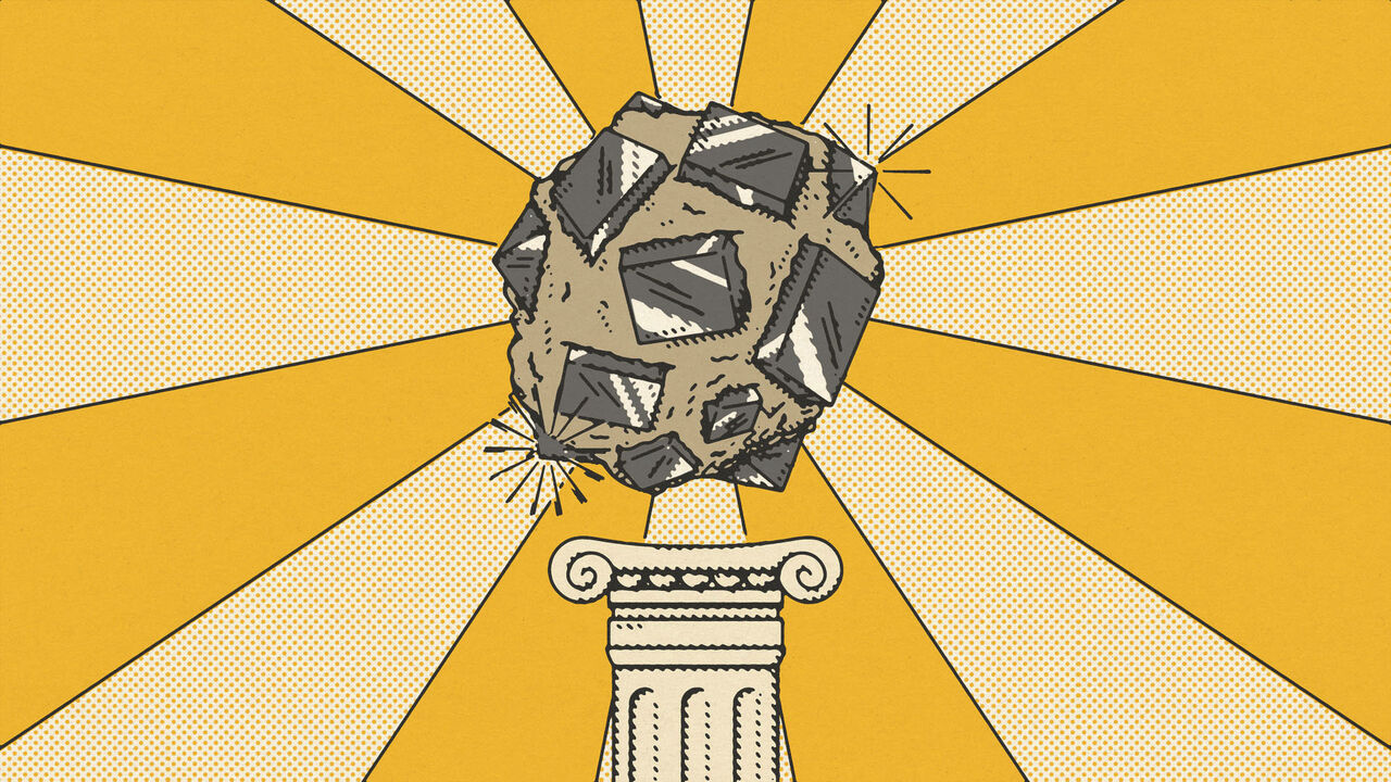 An illustration of a perovskite crystal on a pedestal.