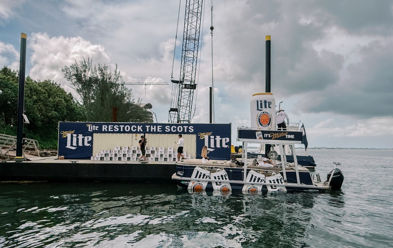 Miller Lite's barge of beer for fans of the Scotland men's national soccer team at 900 Port Blvd, Miami, Florida.