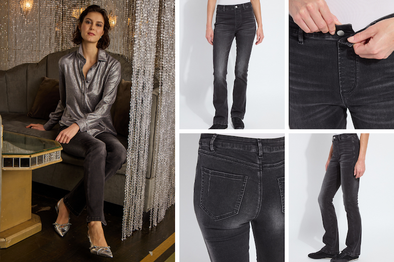 Close-up collage of the Estelle Everyday Flare Denim in Distressed Black, featuring details like sandblasting, front button, and pull-on waistband.