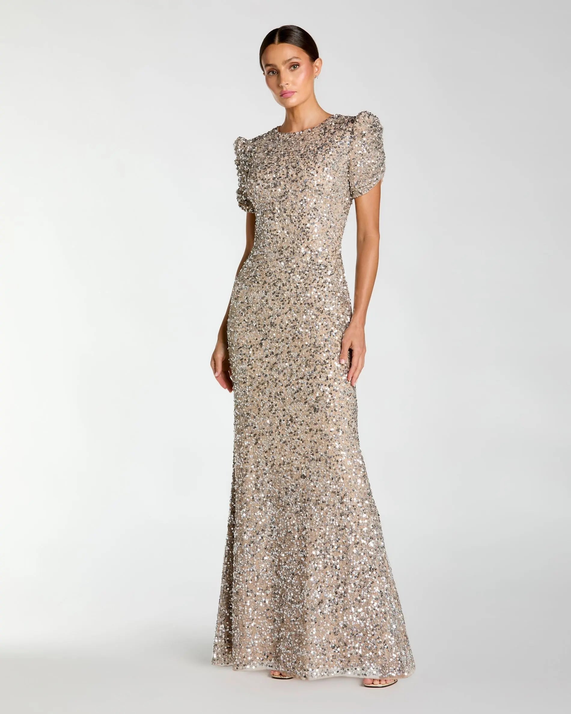 Image of Beige Gathered Short Sleeve Embellished Gown