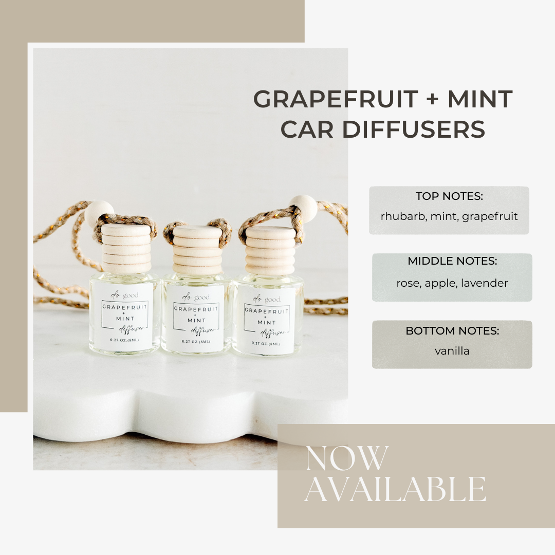 graphic with image of grapefruit + mint car diffusers with list of top, middle, and bottom notes