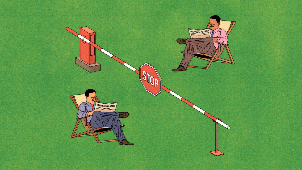 Illustration of two men sitting in deck chairs on opposite sides of a barrier gate with a STOP sign in the middle. One man is reading The Wall Street Journal, and the other is reading The Times of India.