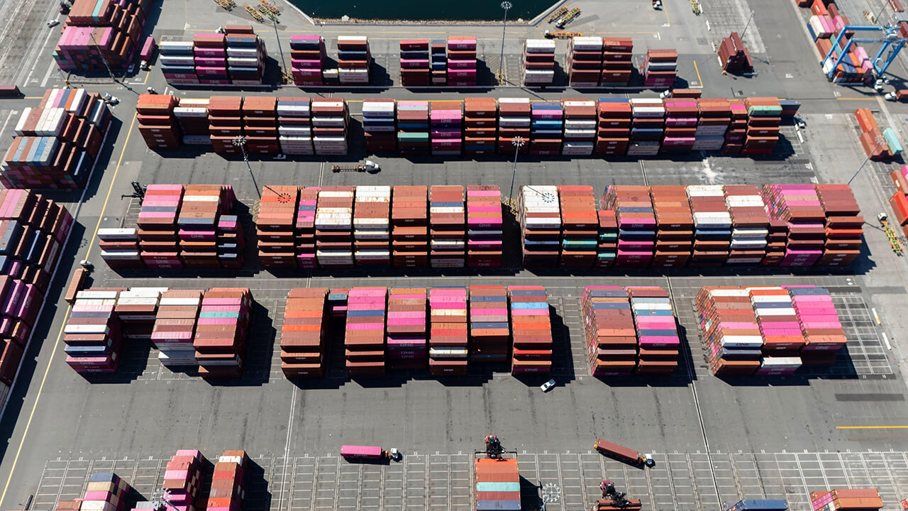 An aerial view of the Port of Long Beach, Los Angeles