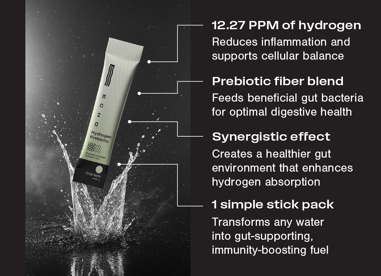 12.27 PPM of hydrogen, Prebiotic fiber blend, Synergistic effect, One simple stick pack.