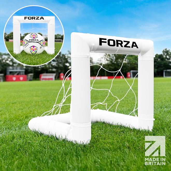 Made in Britain - the FORZA World's Smallest Target Football Goal, with a smaller image showing size with a football inside.