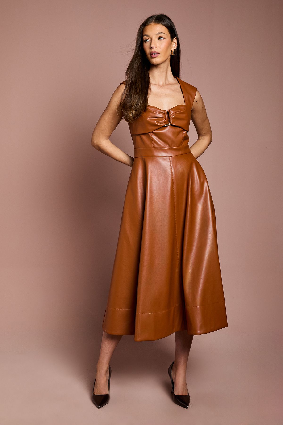 Sweetheart PU Full Skirted Midi Dress