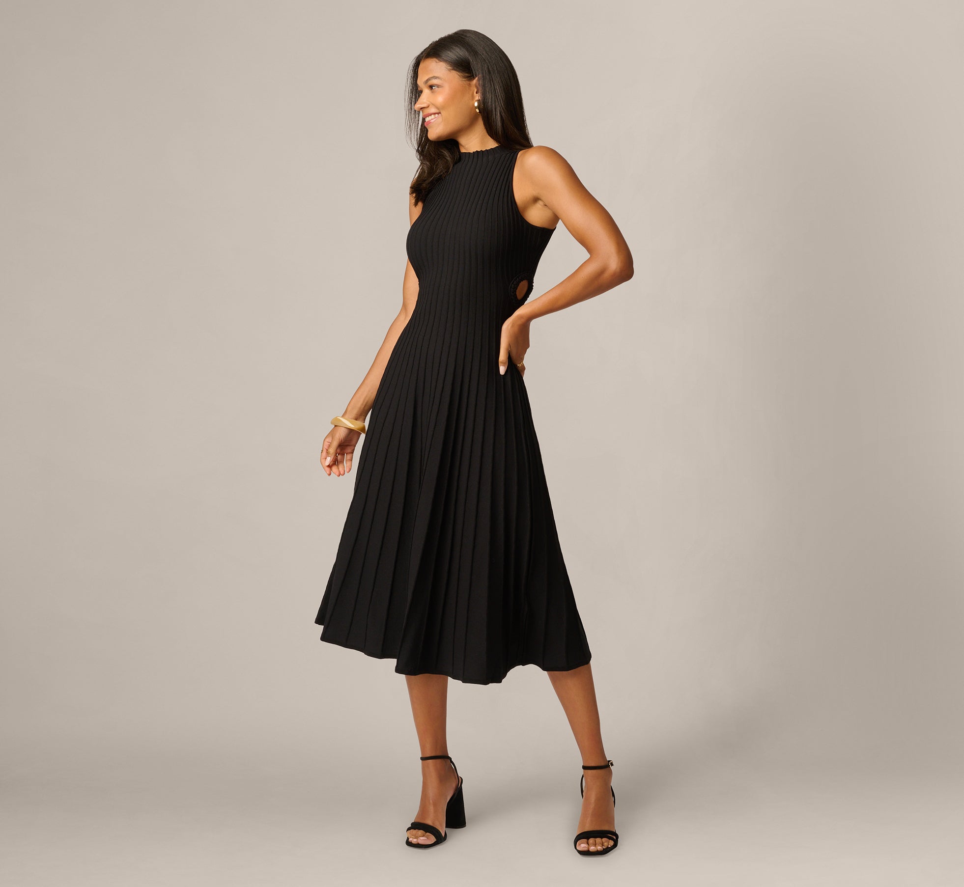 Image of Rib Knit Cutout A Line Midi Dress In Black