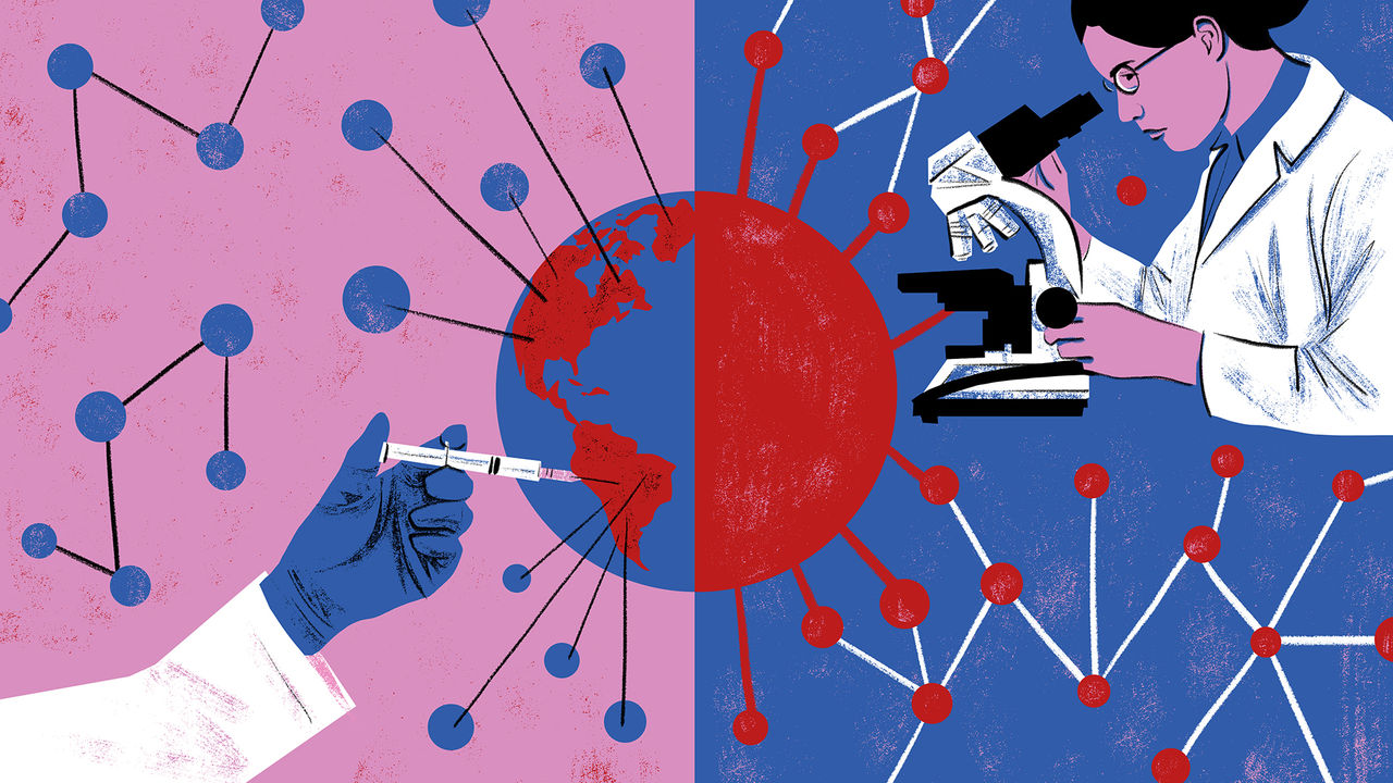 Illustration of the globe getting a jab on one side and a scientist studying a virus on the other side.