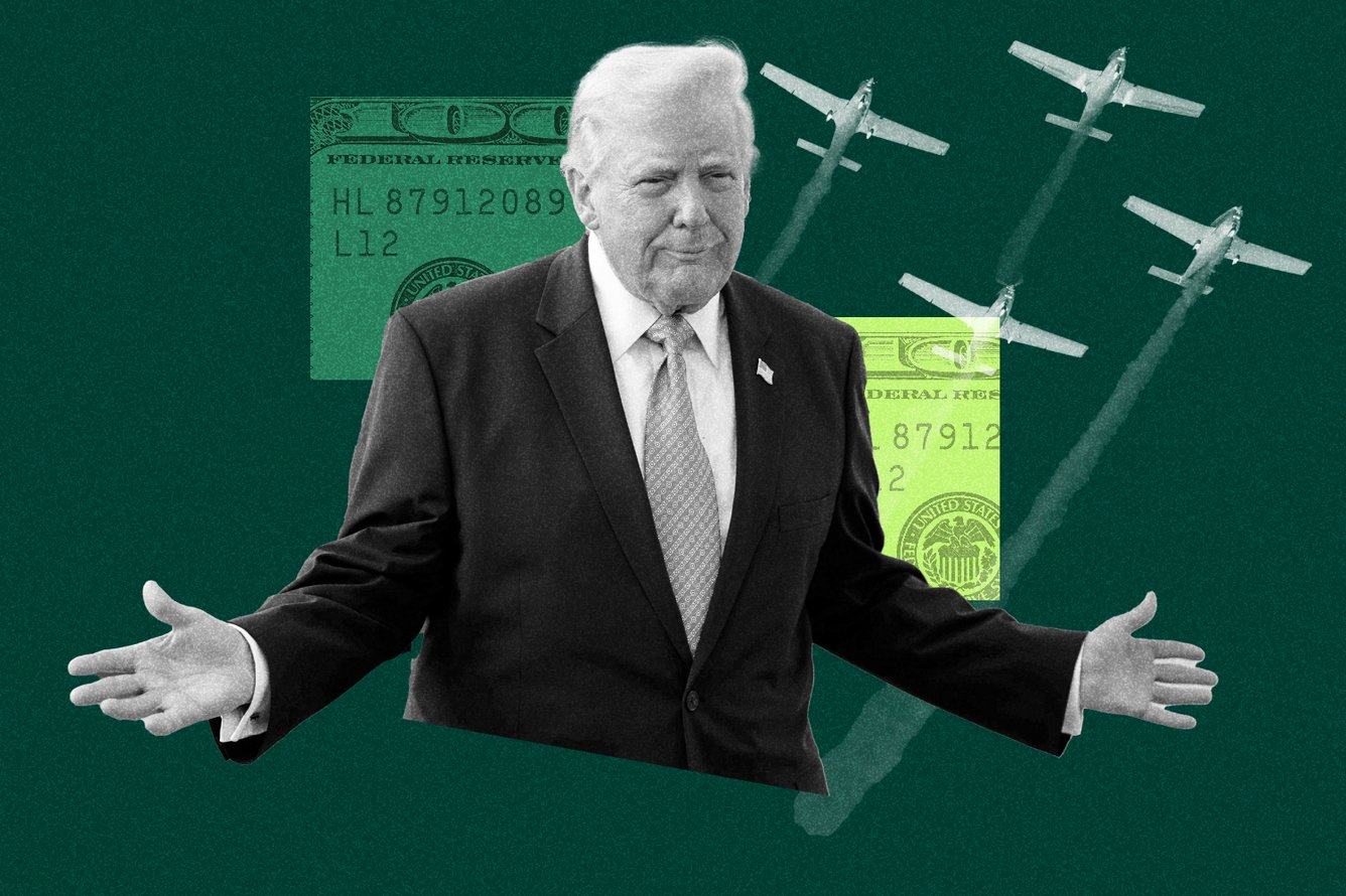 A collage graphic of President Trump with military airplanes and cutouts of one-hundred dollar bills