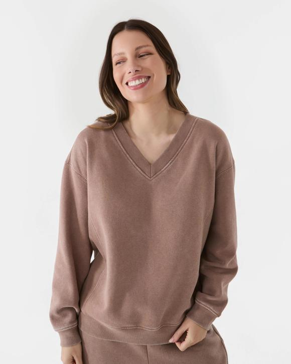 Washed V Neck Ribbed Sweatshirt