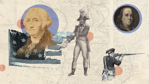 images of George Washington, Benjamin Franklin and other figures from the American Revolution