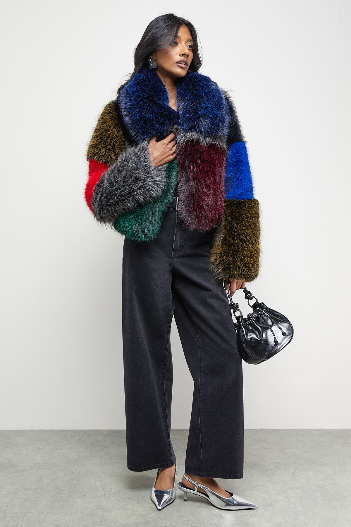 Multi -coloured Panelled Faux Fur Coat
